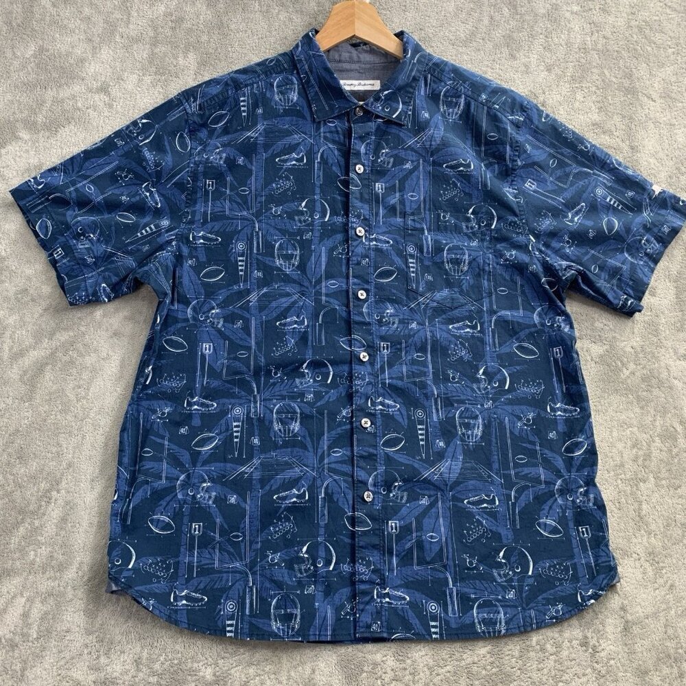 Tommy Bahama Shirt Men's Large Blue Football Blueprint Playbook Camp Button Up